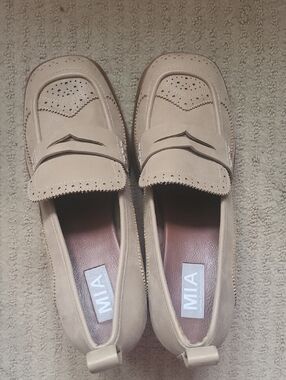 MIA Tan Suede Penny Loafer Heels with Brogue Detail